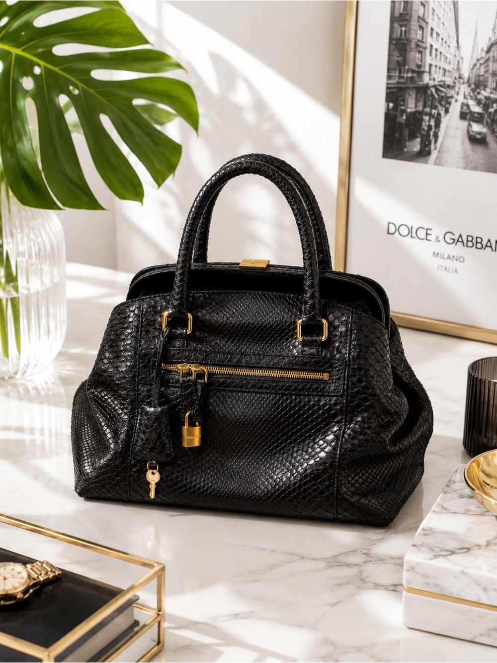Dolce & Gabbana Genuine Black Python Satchel, Luxe Exotic Snakeskin | Top Handle